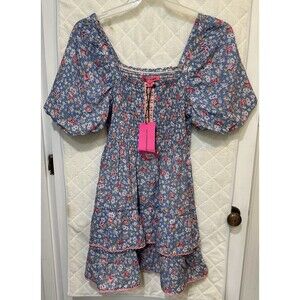 NWT Betsey Johnson Dress Endless Sky Smocked Tiered Floral Cottage Mini Size L